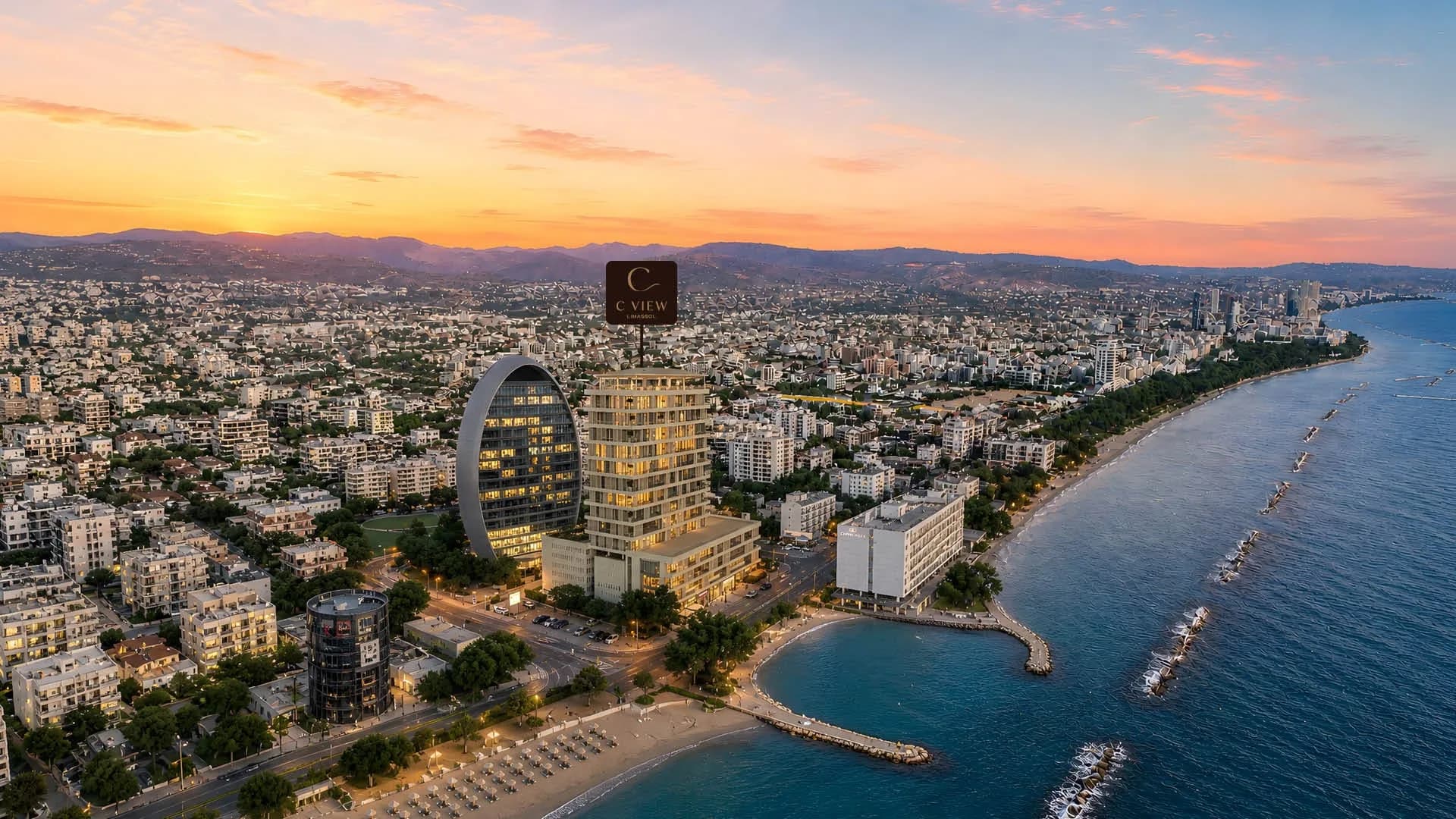 C View Tower on the Limassol seafront at sunset